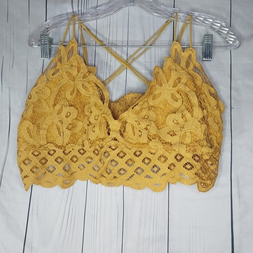 True Mustard Yellow Floral Lace Strappy Back Bralette Top Size 3x